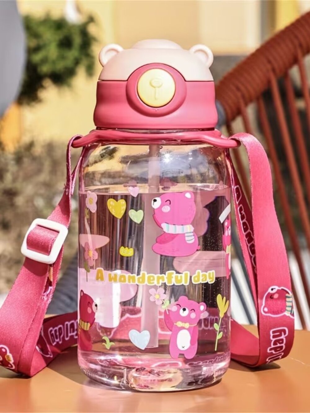 Kids Pink Plastic Cup - Bear Straw Water Bottle